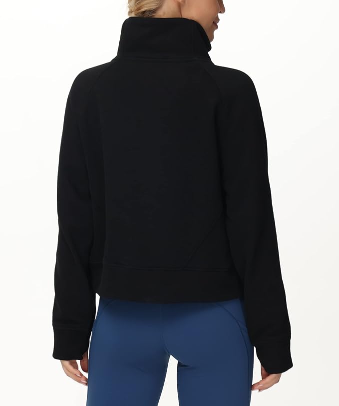 THE GYM PEOPLE Womens' Half Zip Pullover Fleece Stand Collar Crop Sweatshirt with Pockets Thumb Hole