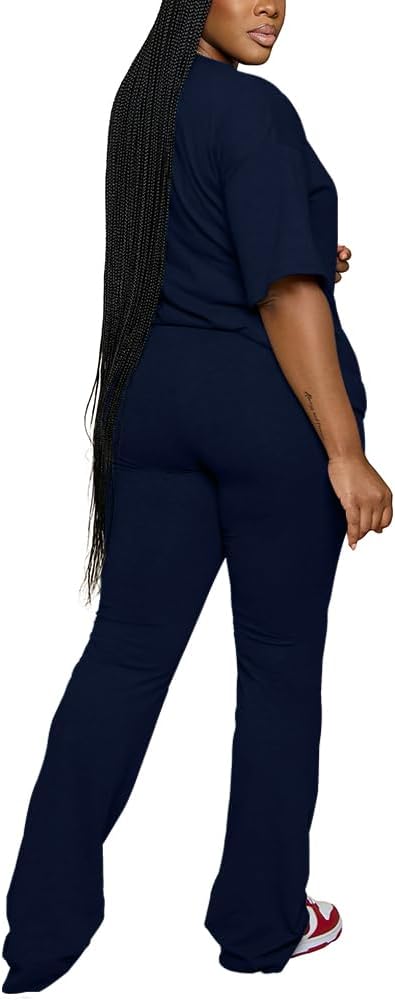 PINSV Women 2 Piece Outfits Short Sleeve Top and Flare Pants Lounge Sets Tracksuit