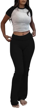 ZFLM Casual Workout Two Piece Outfits for Women Short Sleeve Crop High Waist Foldover Flare Pants Tracksuit Sets Streetwear