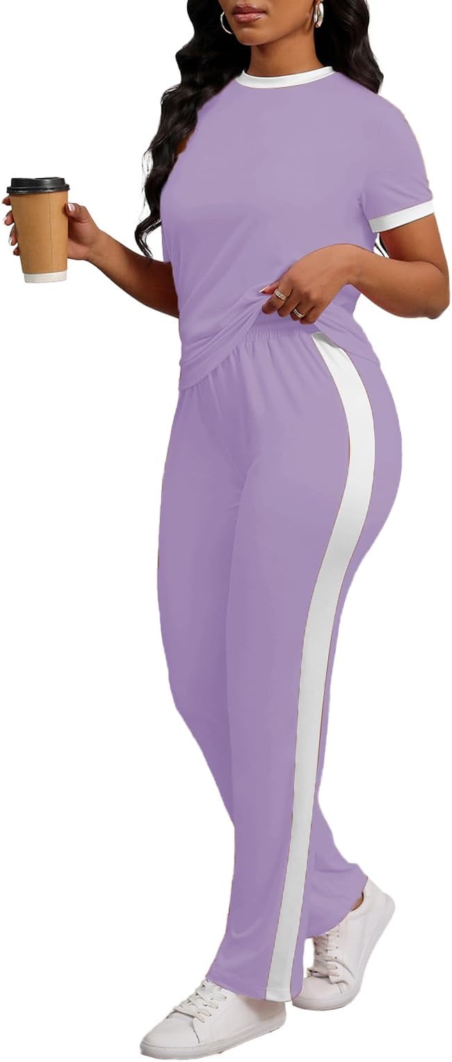PINSV Women's 2 Piece Outfits Short Sleeve Tops Sweatpants Colorblock Bodycon Lounge Sets Tracksuit