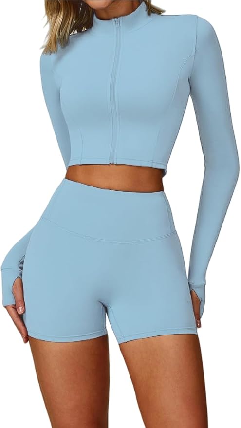 Yknktstc Womens Full Zip Athletic Jacket with Thumbhole Long Sleeve Crop Top Running Workout Yoga Sportswear Shirt