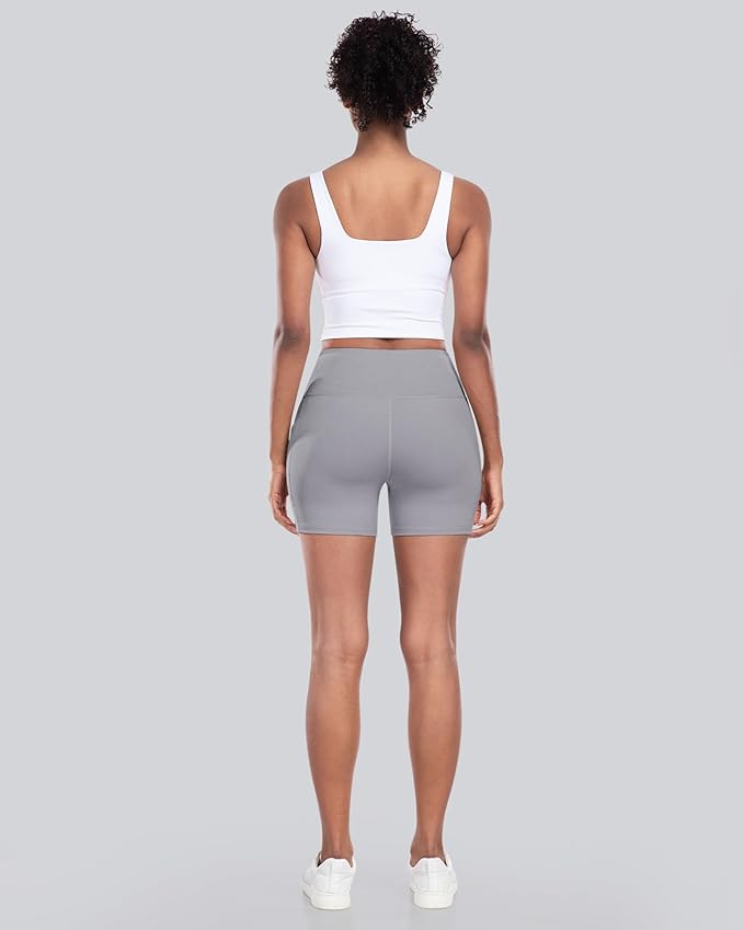 CHRLEISURE Womens Biker Yoga Shorts with Pocket, High Waisted Tummy Control 5 Inch Workout Spandex Athletic Gym Shorts