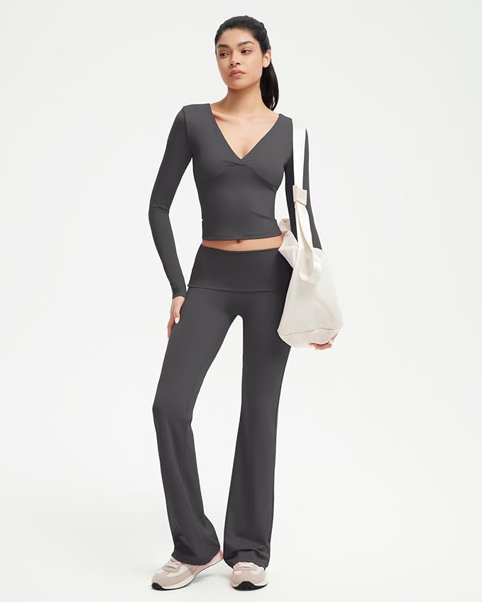 SUUKSESS Women 2 pieces Lounge Sets Long Sleeve V Neck Tops Fold Over Flare Leggings