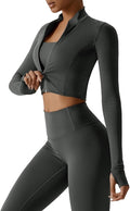 Yknktstc Womens Full Zip Athletic Jacket with Thumbhole Long Sleeve Crop Top Running Workout Yoga Sportswear Shirt