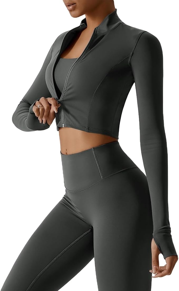 Yknktstc Womens Full Zip Athletic Jacket with Thumbhole Long Sleeve Crop Top Running Workout Yoga Sportswear Shirt