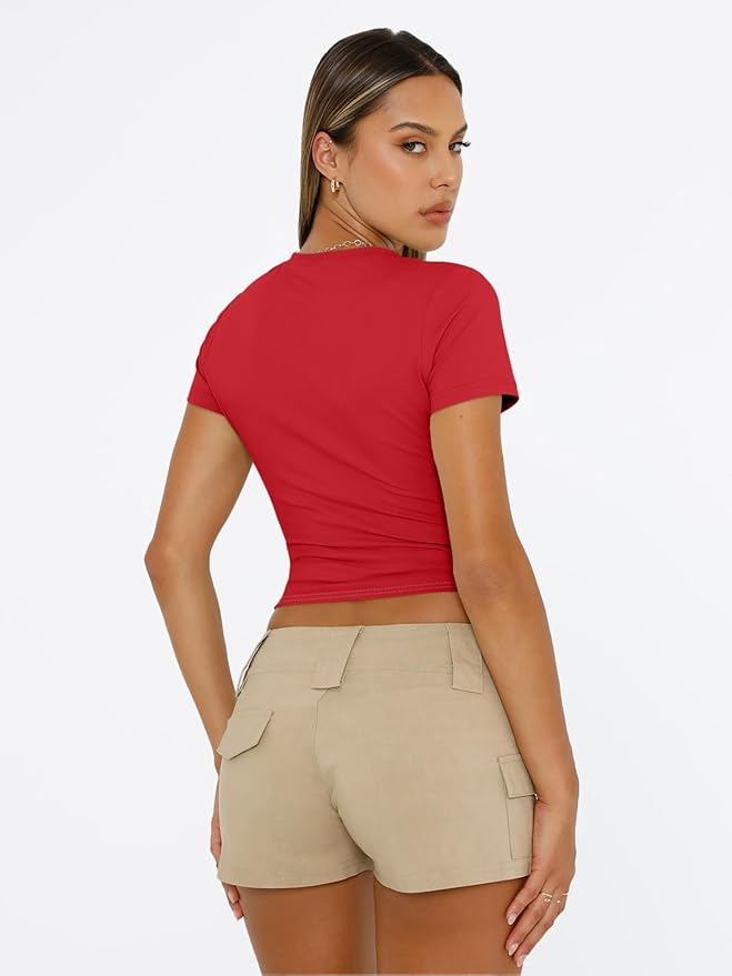 Trendy Queen Womens Short Sleeve T Shirts - Buttery Soft Summer Crop Tops Slim Fit Y2k Basic Tees for Workout