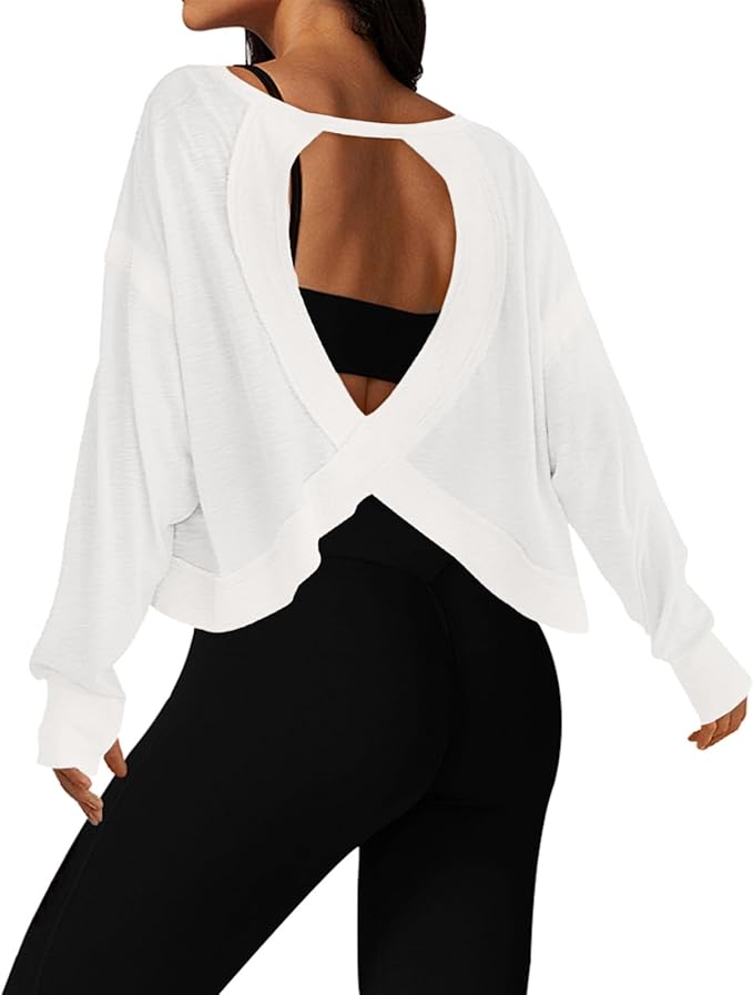 UNIANKIYA Open Back Workout Tops for Women Long Sleeve Cropped Athletic Clothes Gym Running Yoga Low Impact Sports T Shirts