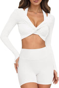 Yousify Womens Long Sleeve Workout Crop Tops Twist Deep V Neck Y2k Yoga Pilates Ballet T Shirt Top with Thumb Holes
