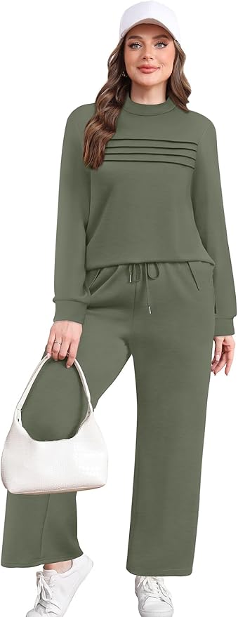 WIHOLL Two Piece Sets for Women Spring Travel Vacation Outfits 2026 Long Sleeve Lounge Sets Side Slit Wide Leg Pants S-3XL