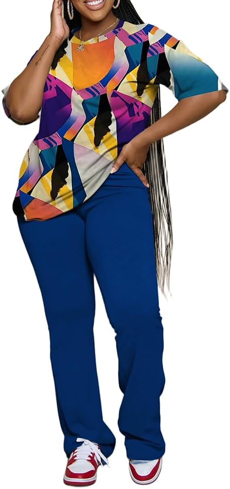 PINSV Women 2 Piece Outfits Short Sleeve Top and Flare Pants Lounge Sets Tracksuit