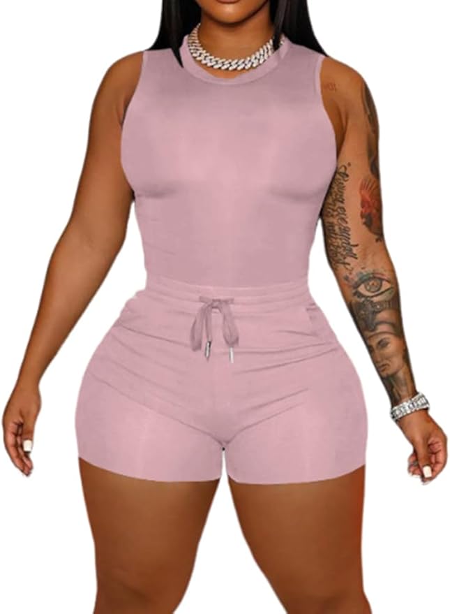 HBQ Women 2 Piece Outfits Sleeveless Tank Tops Biker Short Workout Jogger Sets Summer