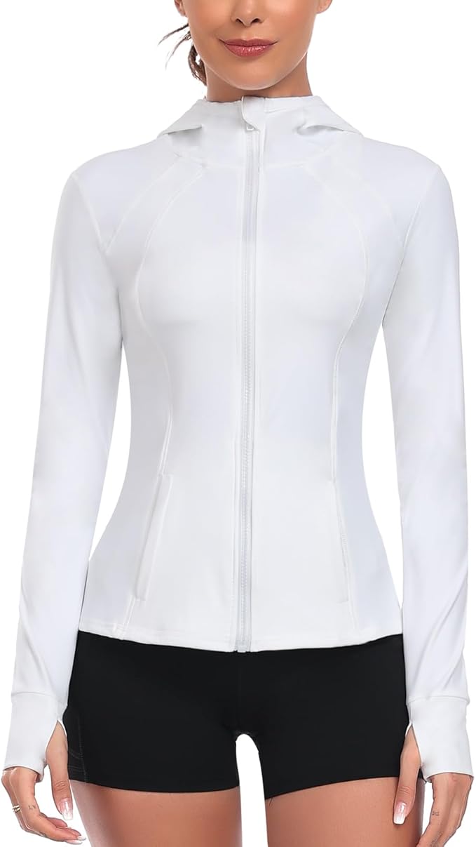 Women's Hooded Athletic Full Zip Workout Jacket With Pockets Running Slim Fit Yoga Sportwear With Thumb Holes