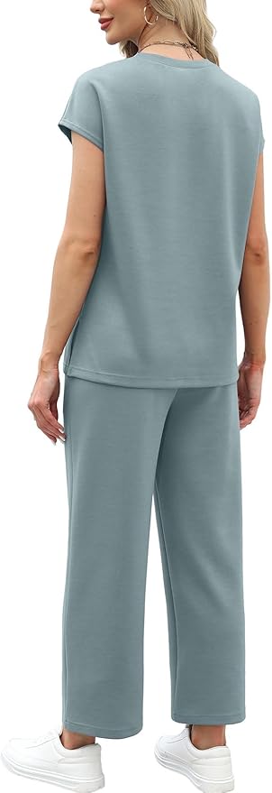 WIHOLL Two Piece Sets for Women Summer Spring Travel Vacation Outfits Cap Sleeve Lounge Matching Sets Wide Leg Pants S-3XL