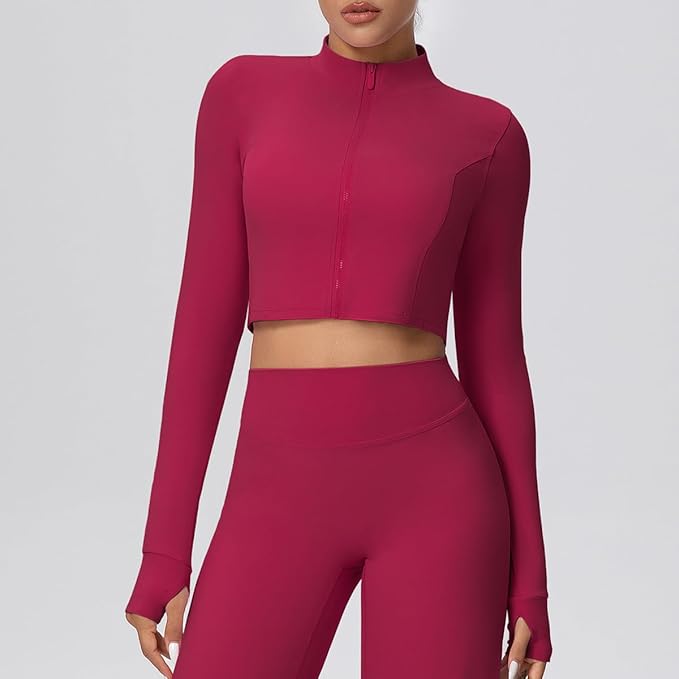 Yknktstc Womens Full Zip Athletic Jacket with Thumbhole Long Sleeve Crop Top Running Workout Yoga Sportswear Shirt