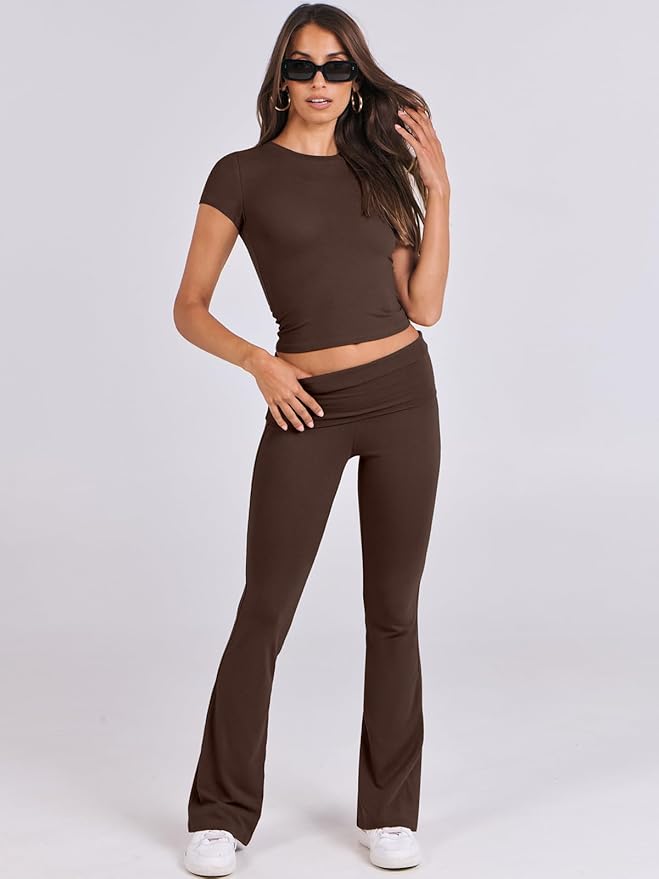 ANRABESS Lounge Sets for Women 2 Piece Foldover Yoga Flare Leggings Pants Crop Tops Casual Y2K Outfits Matching Tracksuit Set