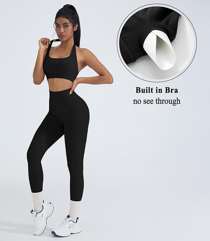 OMKAGI 2 Piece Workout Sets for Women Halter Sports Bras Gym Sets Booty Leggings Outfits