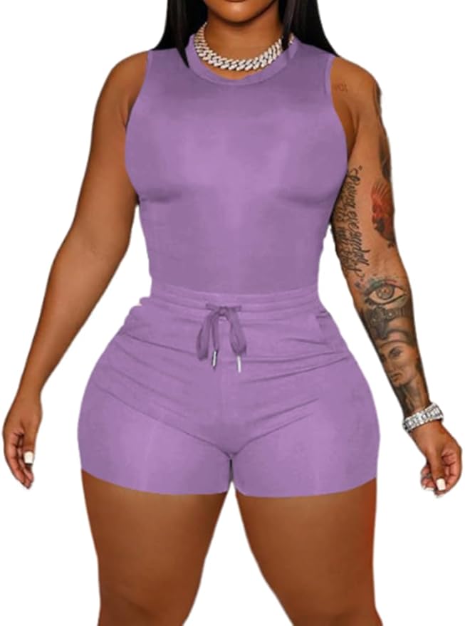 HBQ Women 2 Piece Outfits Sleeveless Tank Tops Biker Short Workout Jogger Sets Summer