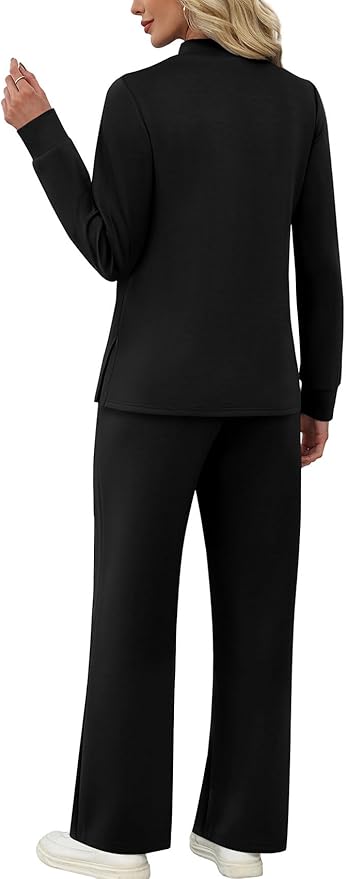 WIHOLL Two Piece Sets for Women Spring Travel Vacation Outfits 2026 Long Sleeve Lounge Sets Side Slit Wide Leg Pants S-3XL