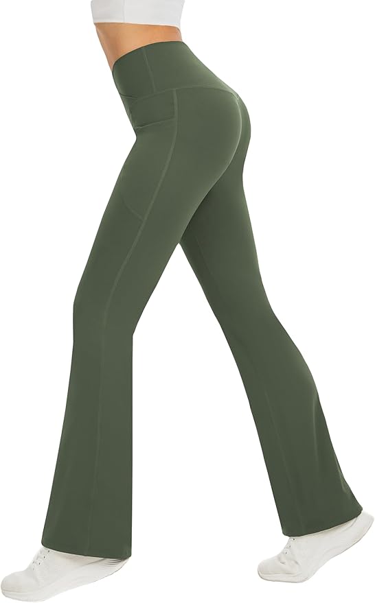 DLOODA Women's Yoga Pants with Pockets No Front Seam Crossover High Waisted Flare Leggings Tummy Control Bootcut Pants