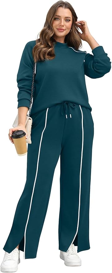 WIHOLL Lounge Sets for Women 2 Piece Fall Outfits 2025 Wide Leg Pant Matching Sets Womens Clothing