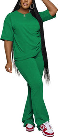 PINSV Women 2 Piece Outfits Short Sleeve Top and Flare Pants Lounge Sets Tracksuit