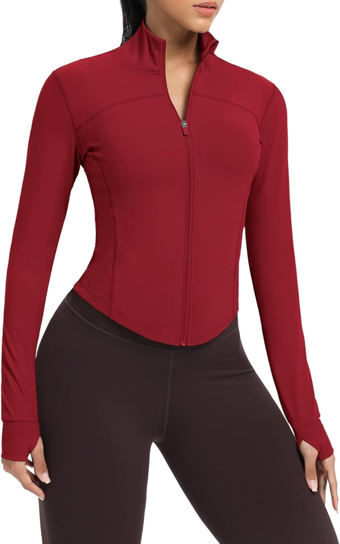 AVGO Women's Cropped Running Workout Jackets Zip Slim Fit Athletic Tops with Thumb Holes