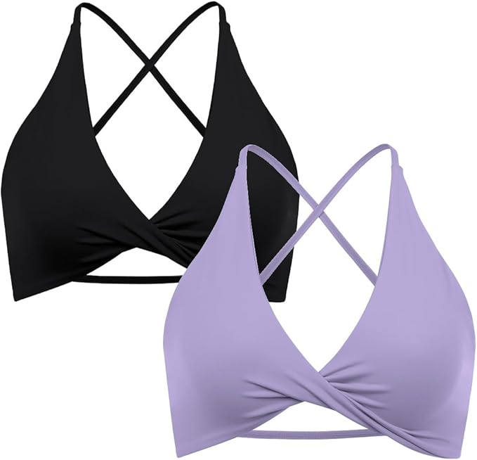 SUUKSESS Women 2 Piece Open Back Strappy Sports Bra Pack Twist V Neck Workout Crops
