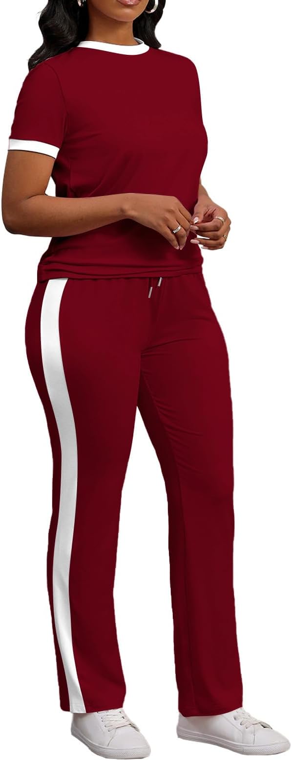 PINSV Women's 2 Piece Outfits Short Sleeve Tops Sweatpants Colorblock Bodycon Lounge Sets Tracksuit