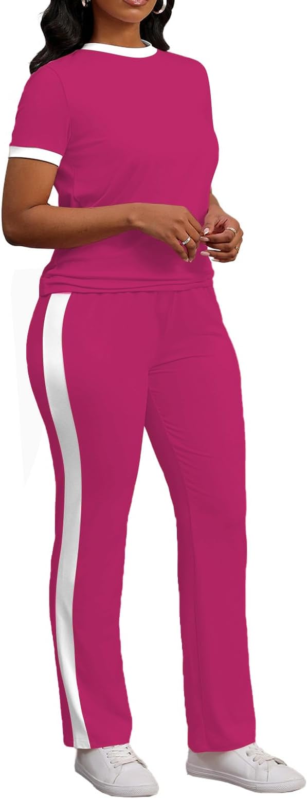 PINSV Women's 2 Piece Outfits Short Sleeve Tops Sweatpants Colorblock Bodycon Lounge Sets Tracksuit