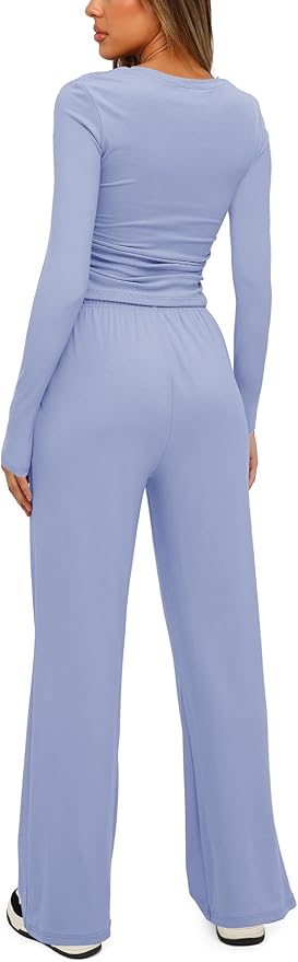 Darong Women's 2 Piece Outfits Lounge Sets 2026 Long Sleeve Tops Wide Leg Pants Casual Matching Set