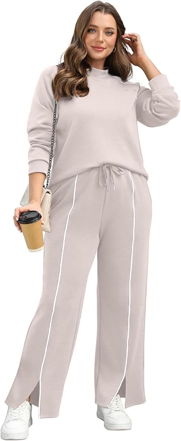 WIHOLL Lounge Sets for Women 2 Piece Fall Outfits 2025 Wide Leg Pant Matching Sets Womens Clothing
