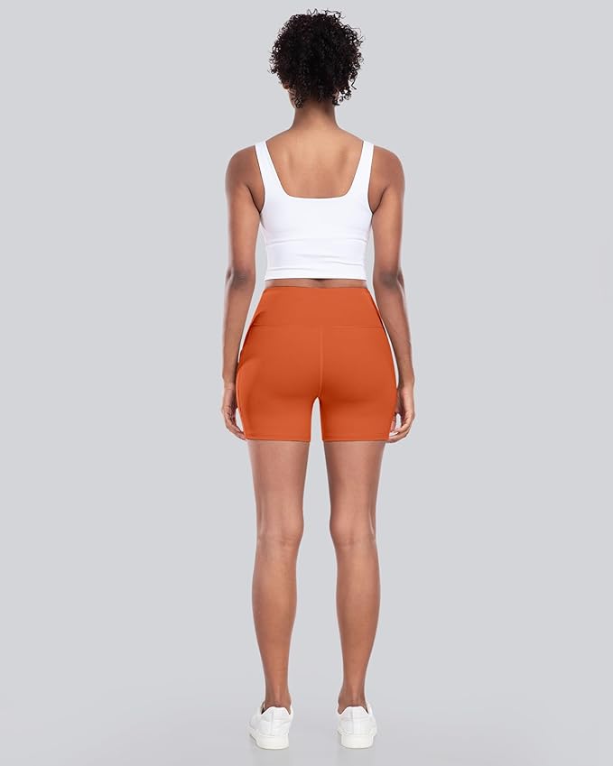 CHRLEISURE Womens Biker Yoga Shorts with Pocket, High Waisted Tummy Control 5 Inch Workout Spandex Athletic Gym Shorts