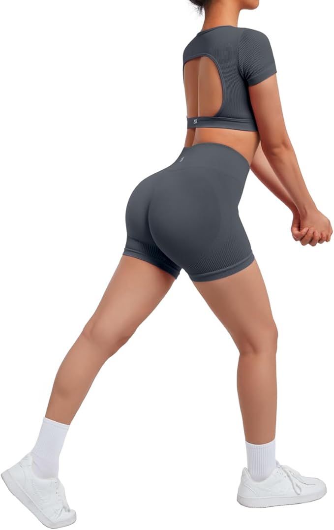 SUUKSESS Womens Workout Sets Open Back Gym Sets Woman Yoga Pilates Crop Tank High Waisted Bike Shorts