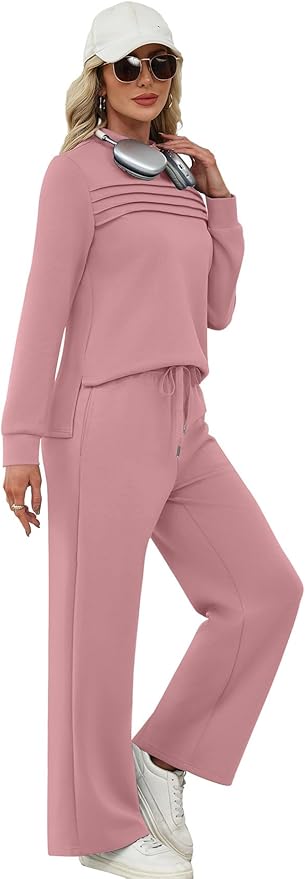 WIHOLL Two Piece Sets for Women Spring Travel Vacation Outfits 2026 Long Sleeve Lounge Sets Side Slit Wide Leg Pants S-3XL