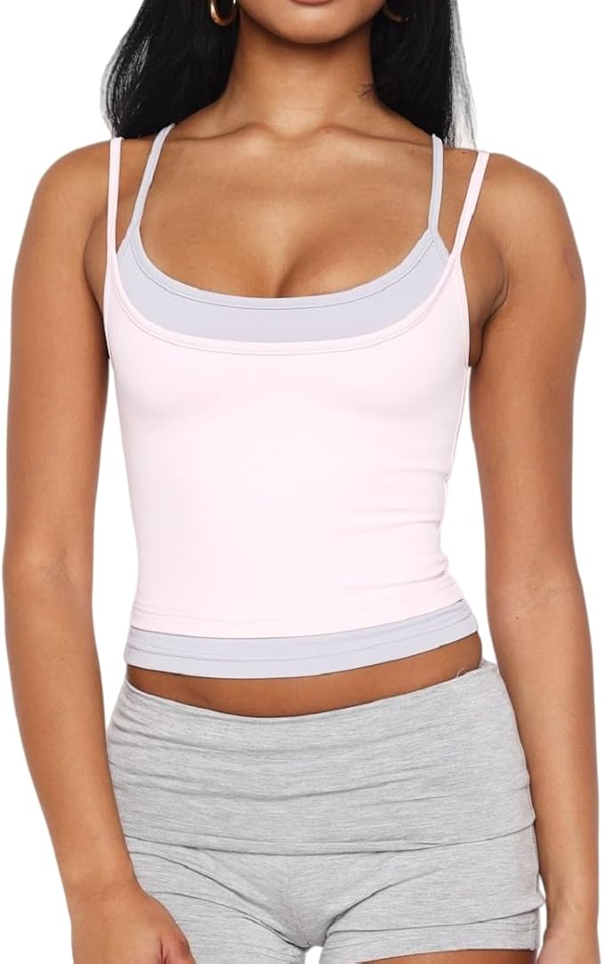 Women Double Layered Tank Tops Spaghetti Strap Yoga Workout Tops Camis Casual Going Out Cropped Top
