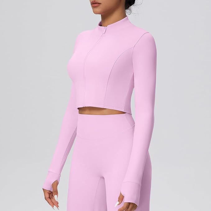 Yknktstc Womens Full Zip Athletic Jacket with Thumbhole Long Sleeve Crop Top Running Workout Yoga Sportswear Shirt
