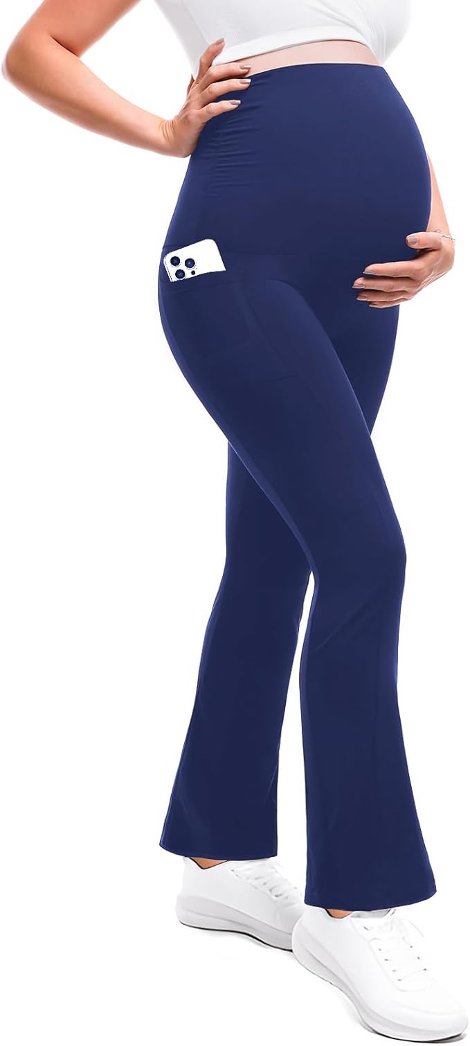 Leafigure Maternity Flare Leggings with Pockets Over The Belly Yoga Pants for Workout Soft Pregnancy Activewear