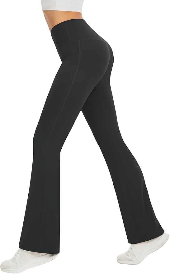 DLOODA Women's Yoga Pants with Pockets No Front Seam Crossover High Waisted Flare Leggings Tummy Control Bootcut Pants