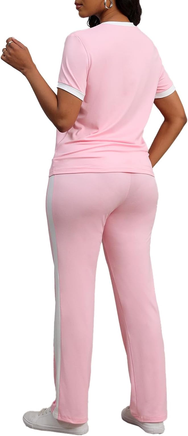 PINSV Women's 2 Piece Outfits Short Sleeve Tops Sweatpants Colorblock Bodycon Lounge Sets Tracksuit