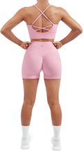 SUUKSESS Women Seamless 2 Piece Workout Sets Criss Cross Sports Bra High Waist Booty Shorts