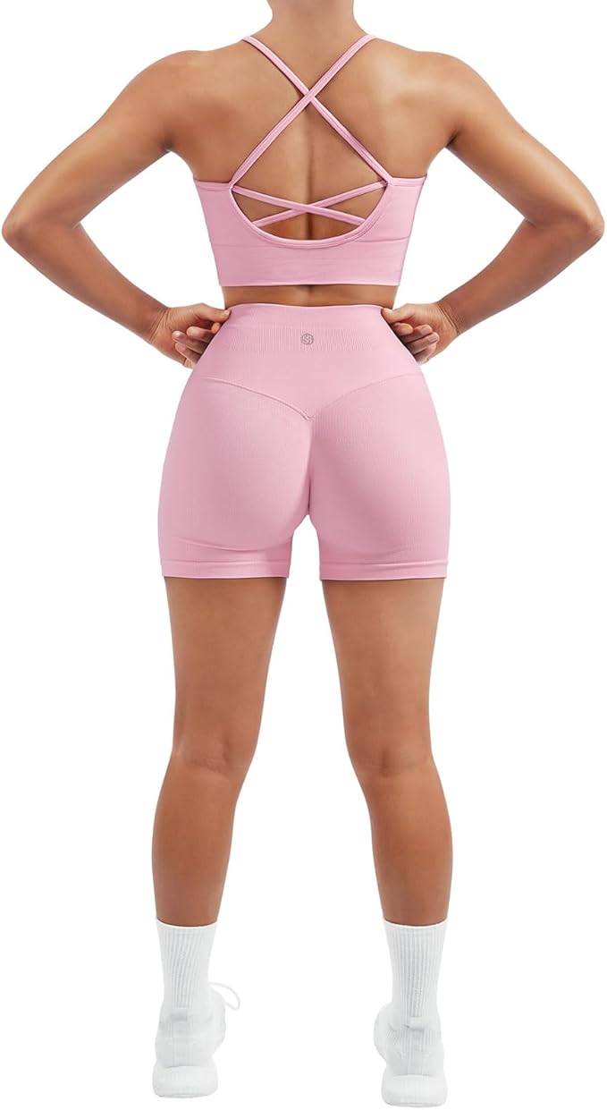 SUUKSESS Women Seamless 2 Piece Workout Sets Criss Cross Sports Bra High Waist Booty Shorts