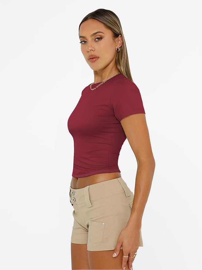 Trendy Queen Womens Short Sleeve T Shirts - Buttery Soft Summer Crop Tops Slim Fit Y2k Basic Tees for Workout