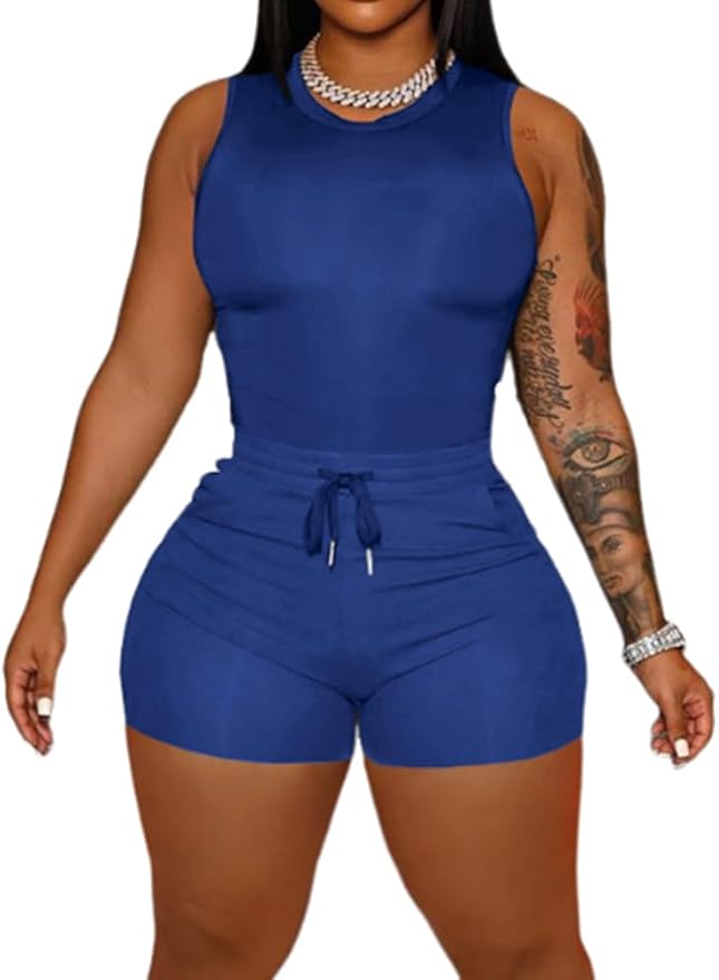 HBQ Women 2 Piece Outfits Sleeveless Tank Tops Biker Short Workout Jogger Sets Summer