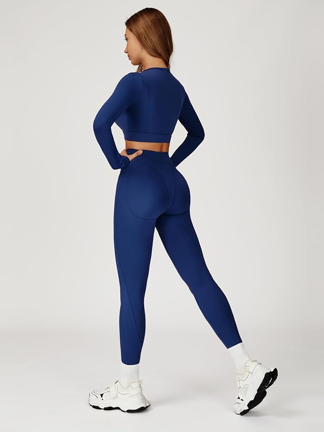 Women’s 2 Piece Workout Set Long Sleeve Crop Top & High Waist Leggings | Stretch Activewear for Gym & Yoga
