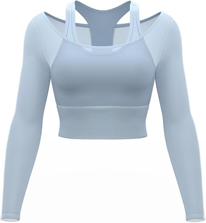 Women's 2 in 1 Yoga Long Sleeve Mesh Gym Athletic Tops Stretch Workout Pilates Shirts with Comfortable Sports Bra
