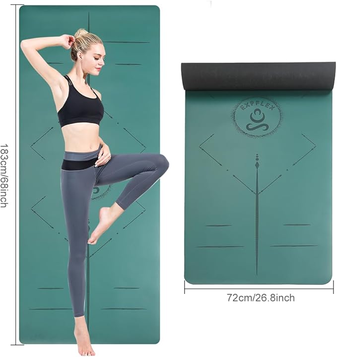 Natural Rubber Yoga Mat - Non Slip Non Toxic - 5mm Thick Yoga Mat for Hot Yoga/Pilates - Extra Large 26.8’’ with Alignment Guide - Sweat Proof - with Carrying Bag