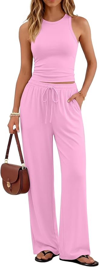 Trendy Queen Women's 2 Piece Summer Lounge Sets Butter Soft Tank Top & High Waisted Wide Leg Pants with Pockets