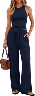 Trendy Queen Women's 2 Piece Summer Lounge Sets Butter Soft Tank Top & High Waisted Wide Leg Pants with Pockets