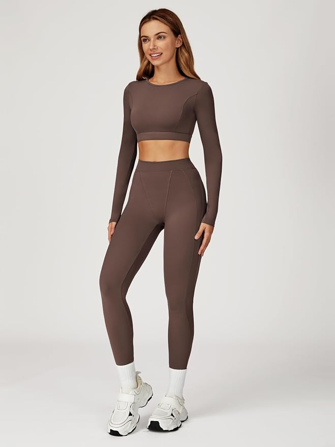 Women’s 2 Piece Workout Set Long Sleeve Crop Top & High Waist Leggings | Stretch Activewear for Gym & Yoga