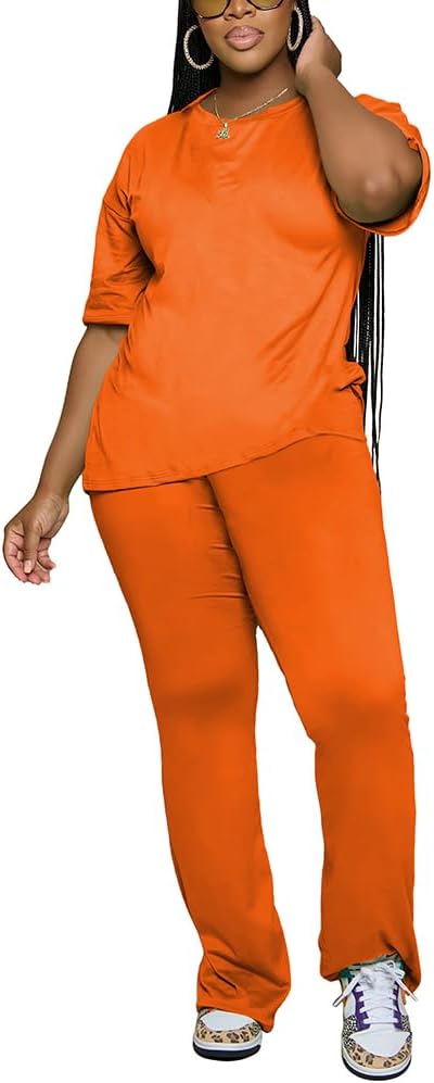 PINSV Women 2 Piece Outfits Short Sleeve Top and Flare Pants Lounge Sets Tracksuit